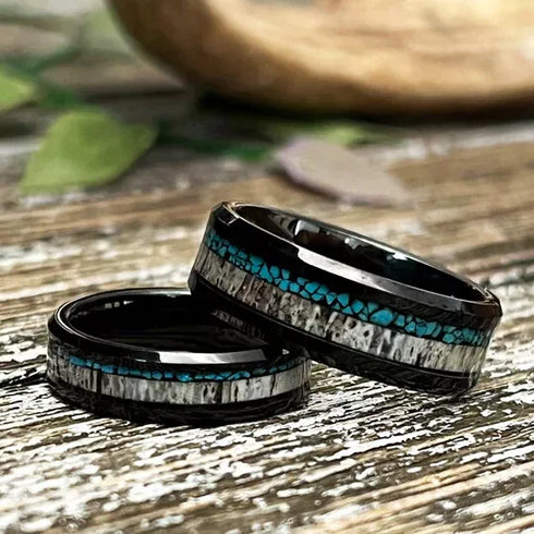 Men's 8mm Tungsten Deer Antler Crushed Turquoise Black Engagement Wedding Band